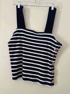 Striped Knit Tank Top with Gold Buttons - Navy/White